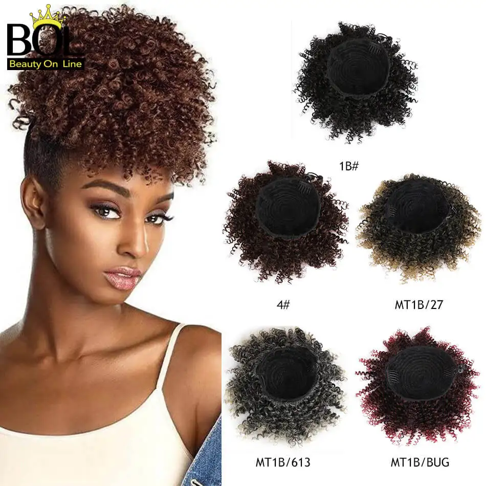 BOL Synthetic Curly Chignon Short Hair Bun Drawstring Ponytail Wrap Hairpiece with Clips Black Brown and Ombre Color for Women |