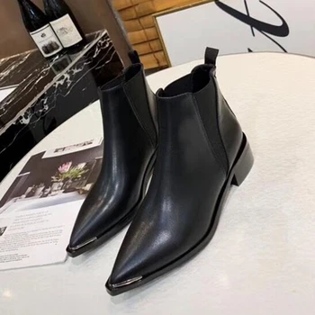 

Mental Women Chelsea Ankle Boots Genuine Leather Black Pointed Toe Flats Short Boots Spring Winter Comfortable Women Booties 41