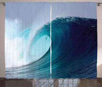 

Ocean Curtains Tropical Surfing Huge Wave on a Windy Sea Indonesia Sumatra Picture Print Living Room Bedroom Window Drapes Blue