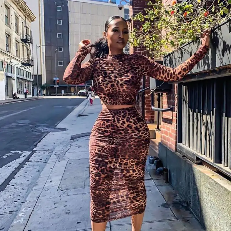 

Mesh Sexy Leopard 2 Piece Set O-Neck Women Festival Clothes Crop Tops And Bandage Maxi Skirts Perspective Club Outfit