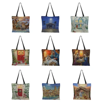 

Custom linen bag double-sided printing Christmas day pattern cartoon collapsible re-use ladies shoulder bag casual 43cm*43cm