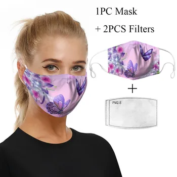 

1pc Adult Printed Windproof Foggy Haze Mask With 2pc Filters Breathable Reusable Washable Cloth Face Mask Mouth Caps masques