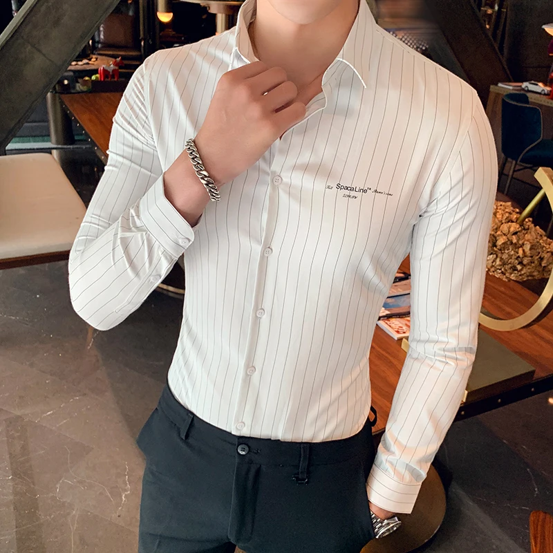 

British Style Men's Social Shirts Autumn Winter Striped Shirt For Men Business Formal Wear Shirt Men Slim Fit Blouse Men Tuxedo