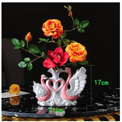 Modern Swan Ceramic Vase+Artificial Flower Ornaments Wedding Gifts Home Livingroom Desk Figurines Furnishing Crafts Decoration - Color: style1-S