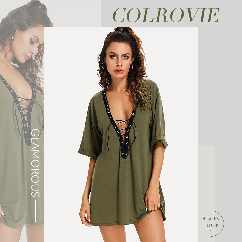 COLROVIE Army Green Lace Up Plunging Dress Women Half Sleeve Solid Sexy Mini Dress Summer Ladies A Line Casual Dresses