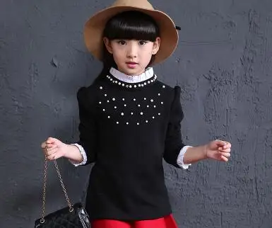 blackpearl no fleece MERI AMMI/модная детская одежда для девочек теплая флисовая футболка с кружевом свитер с высоким воротником для девочек от 3 до 9 лет J492 - Цвет: blackpearl no fleece