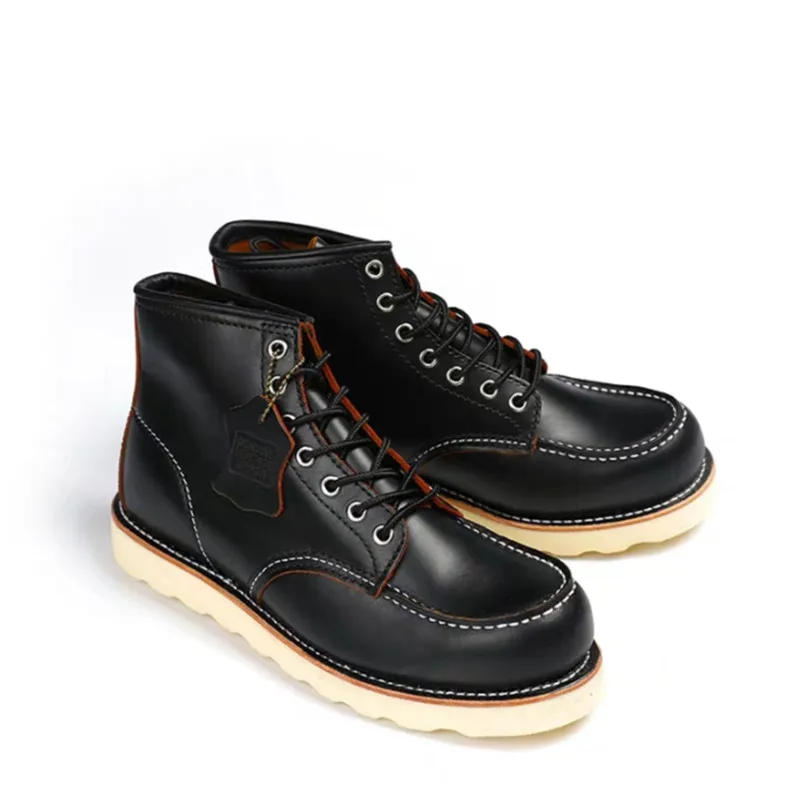 Yomior New Designer Vintage Men Shoes Wings Genuine Leather Ankle Boots Mens Dress Boots Goodyear Welted Red Motorcycle Boots