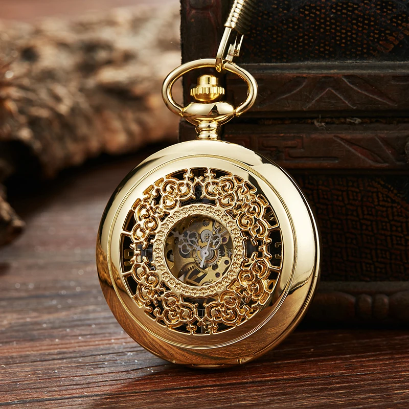 Hollow Mechanical Movement Pocket Watch Gold Dial with Arabic Numeral Luxury Gift for Men Hollow Pattern Design Business Fashion