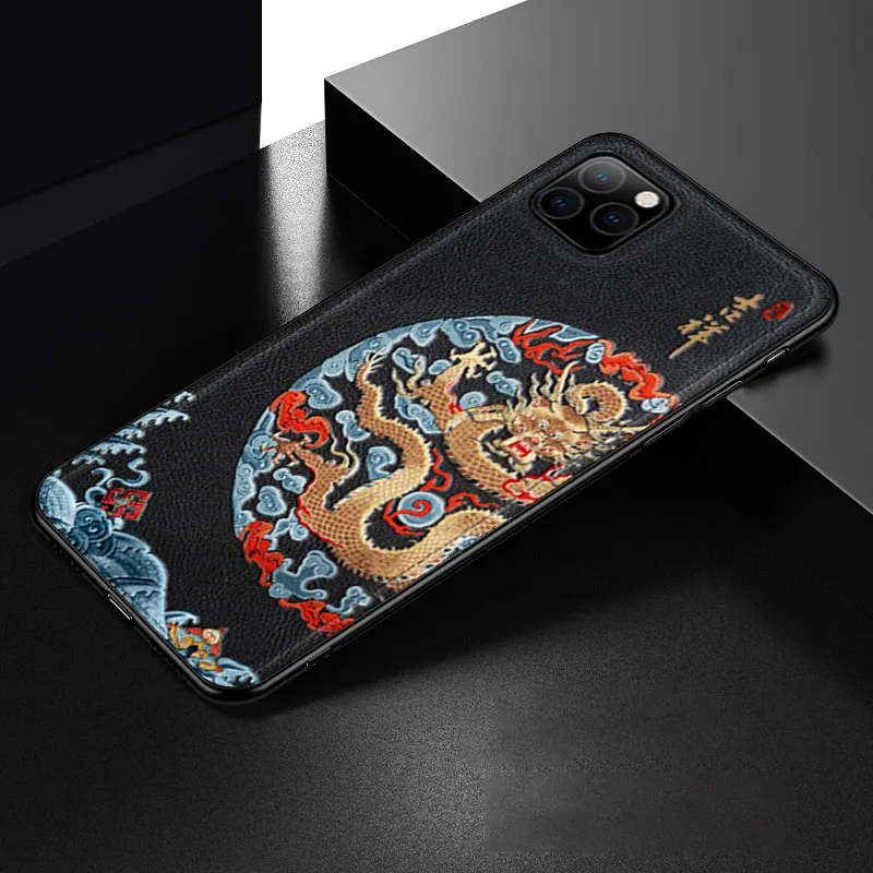 Китайский кожаный чехол с тиснением для iPhone 11 Pro XS MAX XR X, Ультратонкий силиконовый мягкий чехол для iPhone 7, 8, 6, 6S Plus - Цвет: Black