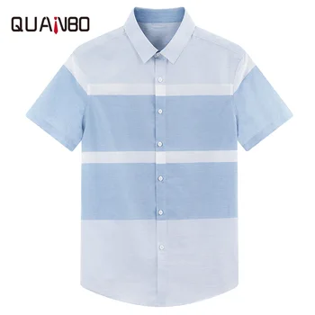

QUANBO 2020 new arrival summer short sleeve shirts high quality men cotton linen khaki palid slim fit shirt business casual Tops