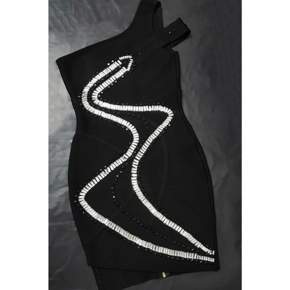 Sexyboutique Новое Женское Бандажное платье на одно плечо черное с бисером сексуальное Клубное платье Мини вечернее платье в стиле знаменитостей ручной работы