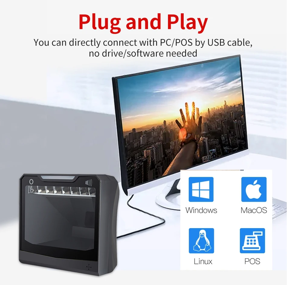 Handfree 1D/2D 티켓 QR 바코드 스캐너 무 지향성 바코드 스캐너 플랫폼 Original Designer Desktop Auto Sense