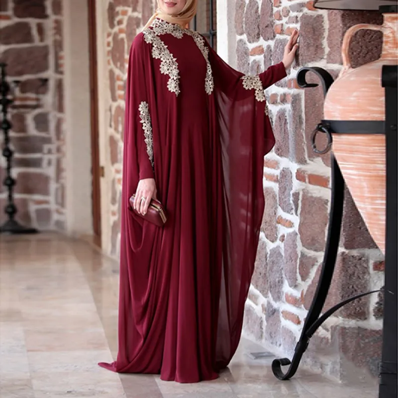 Мусульманское женское платье-Кафтан абайя с цветочной вышивкой, новое повседневное длинное платье макси с длинным рукавом для девушек, свободные платья размера плюс, ислам - Цвет: wine red