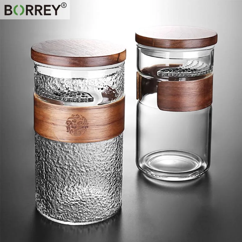 

BORREY High Boron Silicon Crescent Tea Cup wood Cover Frosted Glass Cup Transparent Water Bottle With Filter Office Drinkware
