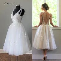 Short Wedding Dresses Summer 2021 Tea Length Robe De Mariée V-Neck Lace appliques Bride Dress Vestido De Novia 1