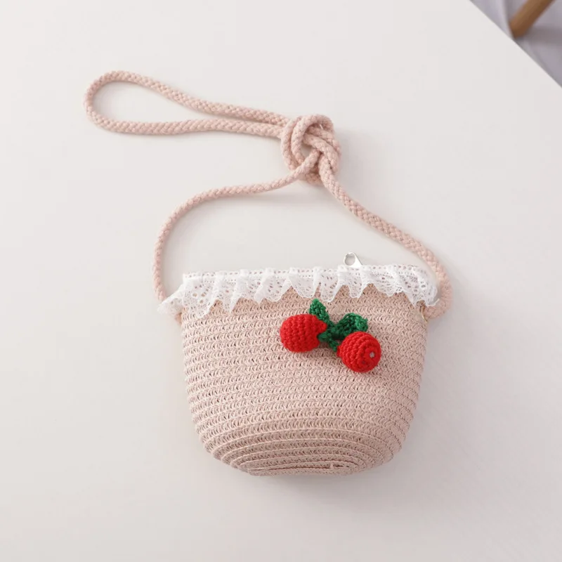 Set med stråhatt och väska för flickor med körsbärsmönster_voghion.com