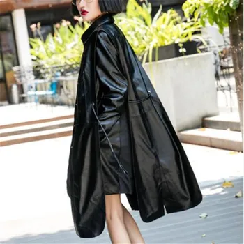 

2018 new fashion women clothes turn-down collar single breasted full sleeves drawstring PU jcket WC06701XL windbreaker