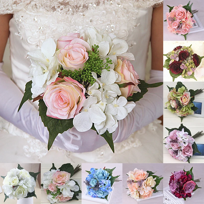 New Artificial Rose Flower Bouquet Floral Desktop Bridal Hydrangea Wedding Decor