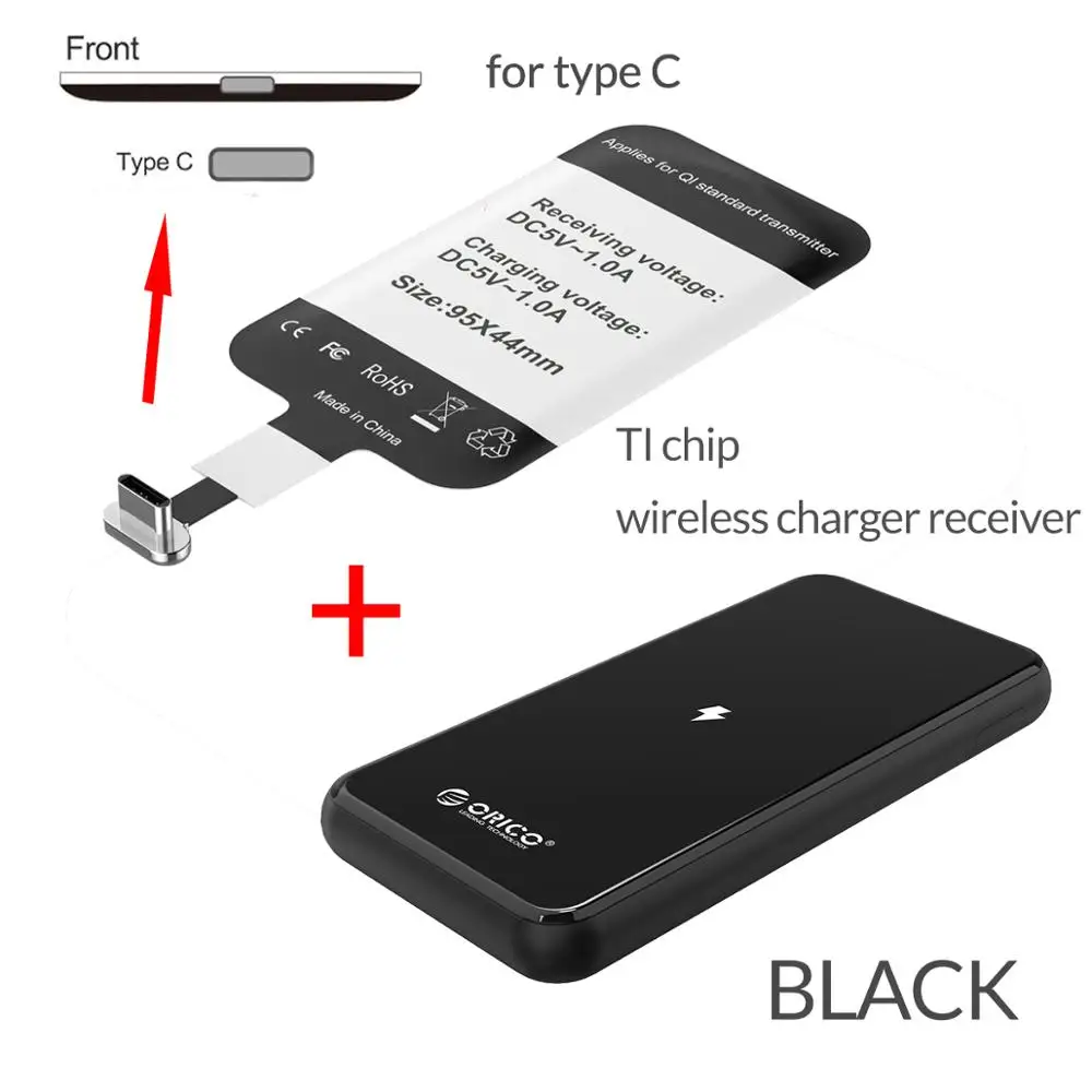 ORICO 8000 мАч QI Беспроводное зарядное устройство Банк мощности для мобильного телефона портативный внешний аккумулятор Беспроводная зарядка Тип C Android - Цвет: black and Type C