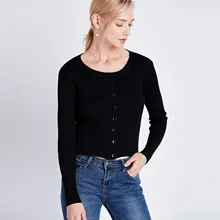 Autumn Casual O Neck Single-breasted Short Knitted Women Cardigan Ladies Korean Style Plain Color Sweater Outwear Robe Femme