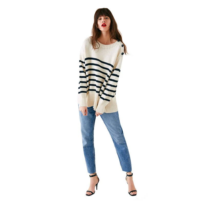 

2019 Za Women New Fashion Sweaters O-neck Full Sleeve Striped Button One Side Female Knitted Pullovers Streetwear Causal Sweater