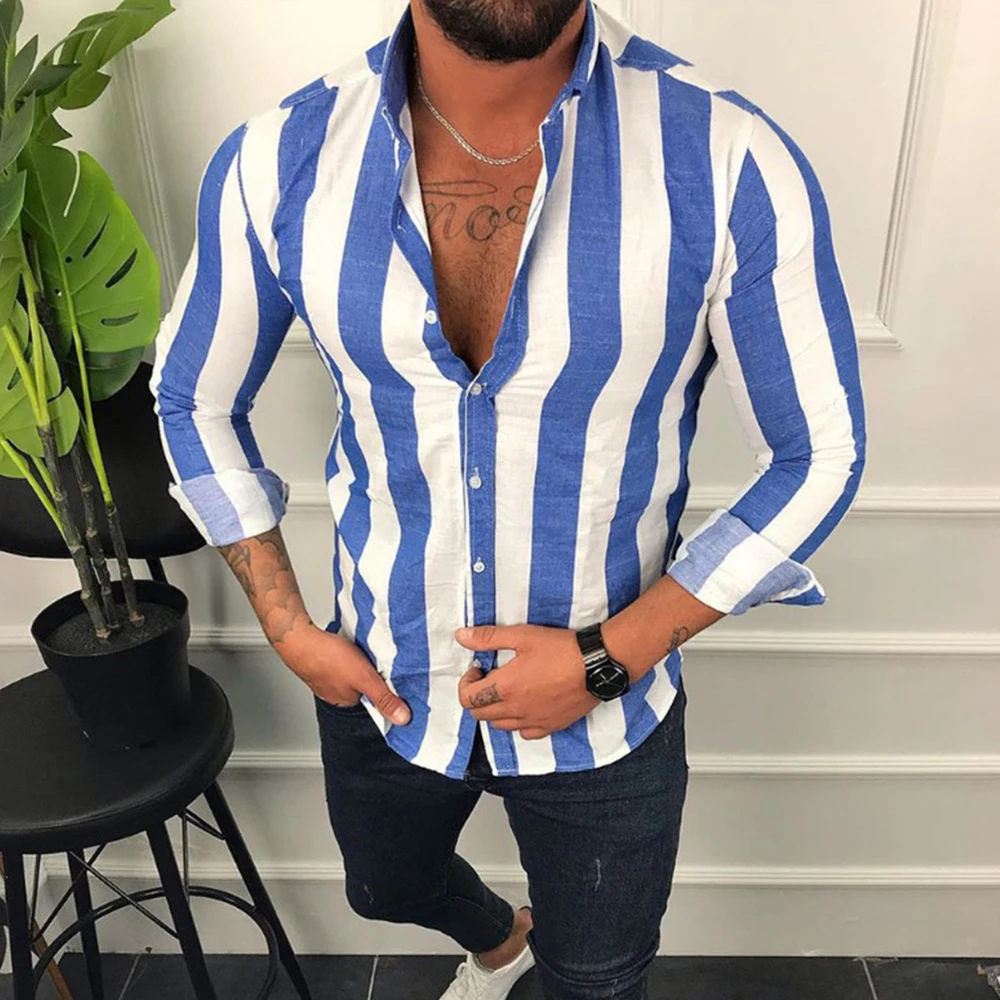 

Autumn New Long Sleeve Men's Shirt Striped Print Lapel Shirt Fashion Casual Loose Comfortable shirts blue white color contrast