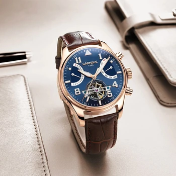 

2020 Carnival Genuine Leather Tourbillon Rose Gold Case Blue Dial Automatic Watch Men's Luxury Brand Mechanical Watch Fashion