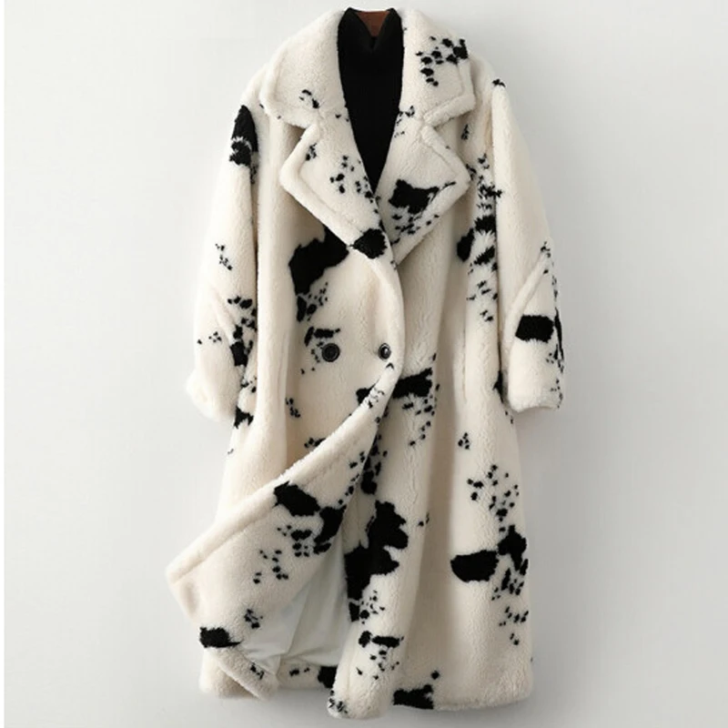 Женское зимнее теплое шерстяное пальто с имитацией меха овчиной свободная