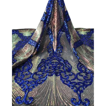 

2020 French net lace fabric women dress royal blue and golden color sequins AJY2,Fast delivery top selling French Lace Fabric