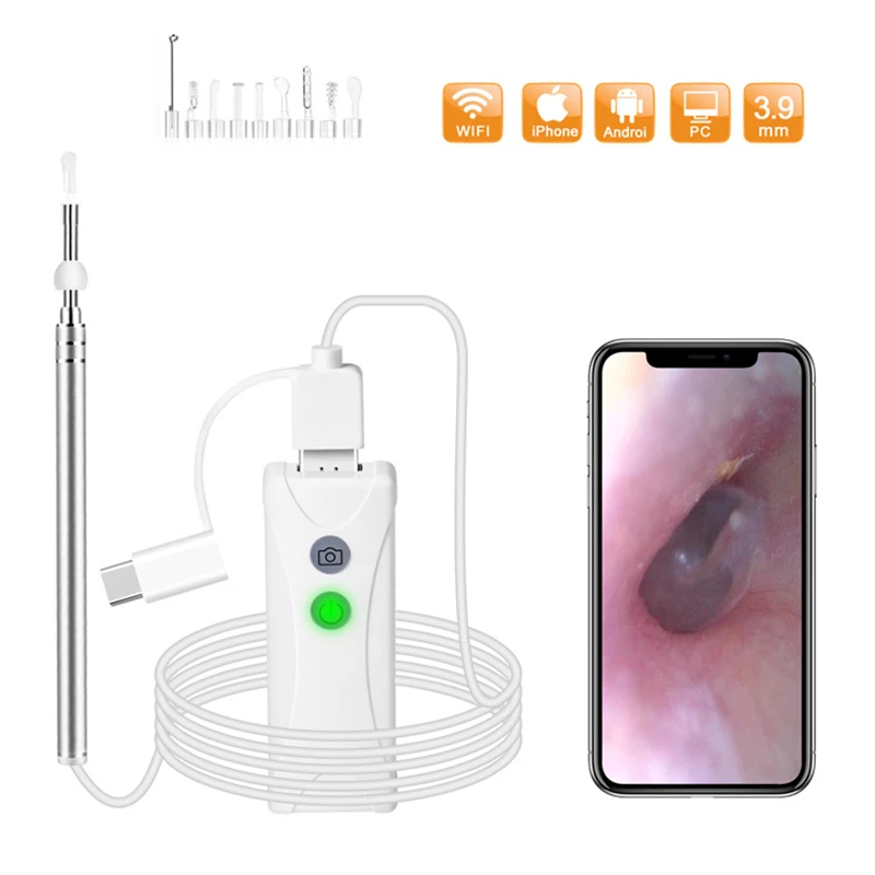 

3.9mm 2MP HD WIFI Ear Endoscope Camera 6 LEDs 3in1 USB Inspection Waterproof Ear Nose Visual Health Care With Ear Pick Set