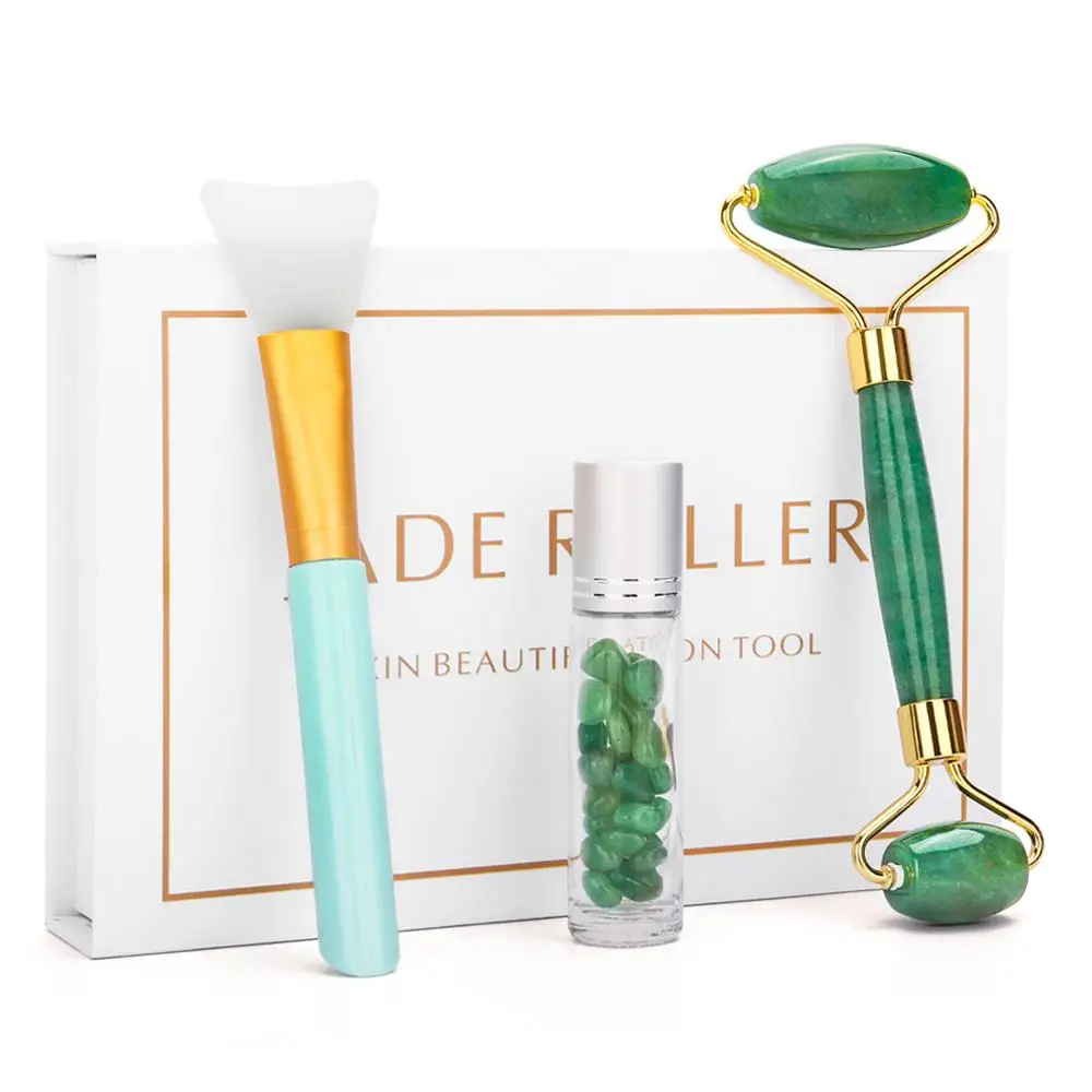 

3 in 1 Natural Jade Facial Roller Rose Quartz Stone Facial massager Anti Aging Green Jade Facial Roller with face mask brush
