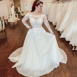 Wedding Dress A-Line O-Neck Full Sleeve Lace Appliques Sequined Button Floor Length Sweep Train Bride Gown Tailor Made New