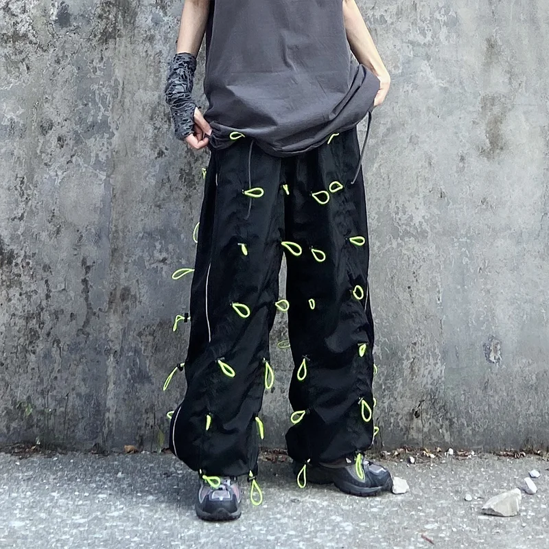 [EAM] High Elastic Waist Green Drawstring Wide Leg Long Trousers New Loose Fit Pants Women Fashion Tide Spring Autumn 2020 1X847