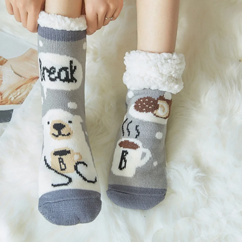 Женские мягкие пушистые уютные тапочки носки с милыми животными принт зимние теплые домашние нескользящие носки-Тапочки