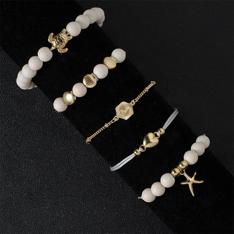 5 шт./компл. Для женщин Boho Раковина Морская звезда черепаха сердце из бисера кожаный многослойный браслет набор Для женщин модная золотая цепочка браслет подарок