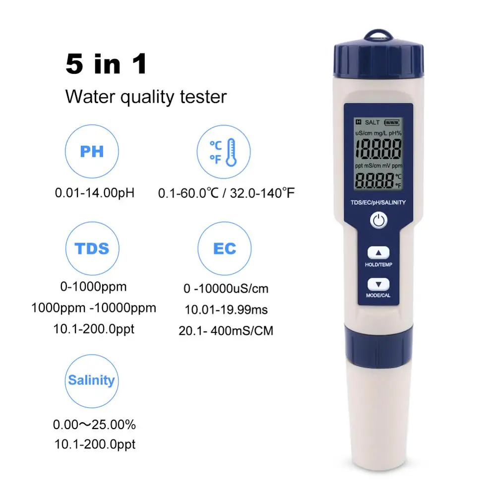 

2020 NEW 5 in 1 TDS/EC/PH/Salinity/Temperature Meter Digital Water Quality Monitor Tester for Pools, Drinking Water, Aquariums