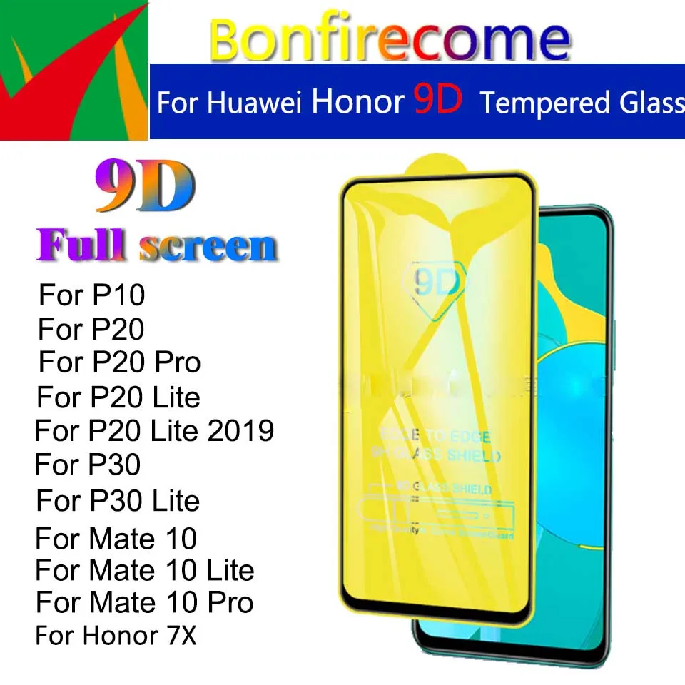 50Pcs 9D Full Cover Tempered Glass For Huawei P10 P20 Pro P30 Lite Screen Protector For Mate 10 Pro 10 Lite Honor 7X Safety Film