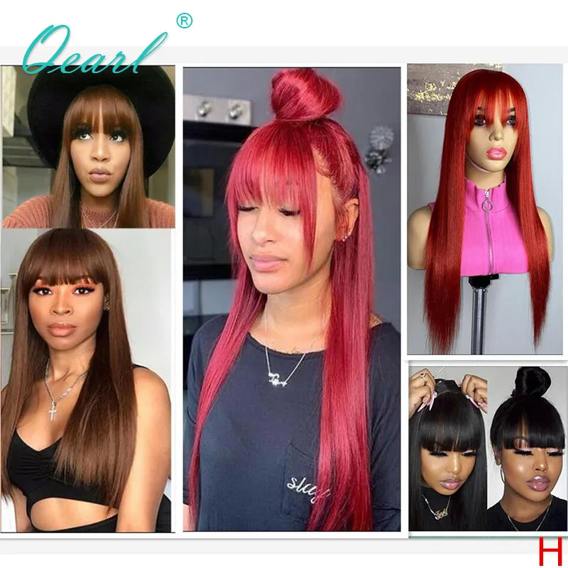 Lace-Front-Wig Human-Hair Wigs Qearl Brown Color Straight 13x4 Peruvian Red with Bangs-Fringe