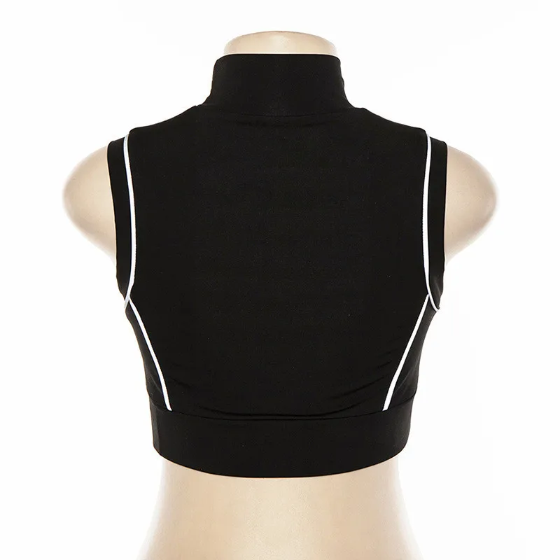 Summer Reflective Splicing Women Sexy Hip Sleeveless Turtleneck Casual Top Shiny in Night T Shirt Vest Crop Tops