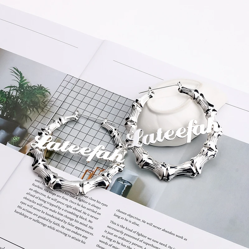 Najtaniej Lateefah 50 70 90mm Hiphop Sexy tamborek bambusowy kolczyki konfigurowalne dostosuj nazwę kolczyki bambusowy styl niestandardowe kolczyki oświadczenie