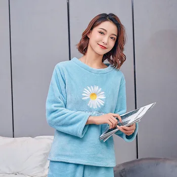 

Autumn Winter Female Flannel Nightwear 2PCS Home Suit Pajama Set Soft Sleepwear Daily Casual Home Femme Pyjama Nightwear