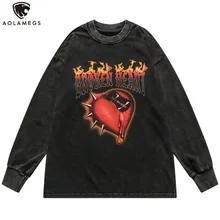 

Aolamegs High Street Sweatshirt Men Heart Flame Letter Pullovers Oversized Hip Hop Hipster Unisex Streetwear Long Sleeve T-shirt