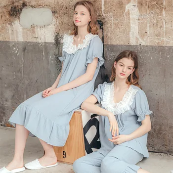 

2020 Hot Honeymoon Nightdress Sexy Deep U-Neck Short Sleeves Lace Cotton Women Summer Night Wear Home Dress Elegant Nightgown