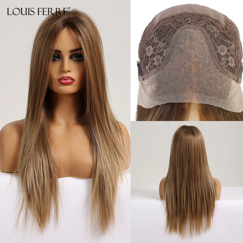 LOUIS FERRE Blonde Lace Frontal Wigs for Women Synthetic Long Straight Brown 13*4 Lace Front Wig 24 Inches Heat Resistant Fibre