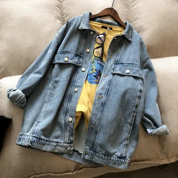 

Jeans Coat Women's 2020 Spring New Style Korean Single Breasted Turn-down Collar Retro Loose Casual Jacket