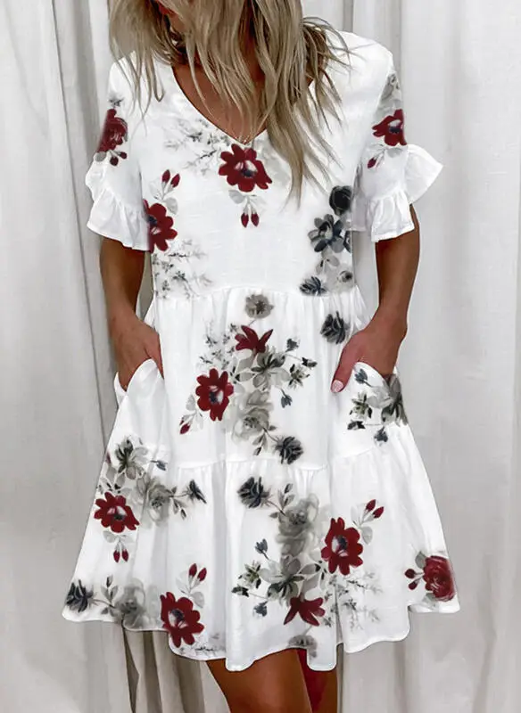 Casual Ruffles Loose V-Neck Dress Women Summer Short Sleeve Floral Print Woman Dress Plus Size 2021 Fashion White Beach Dresses