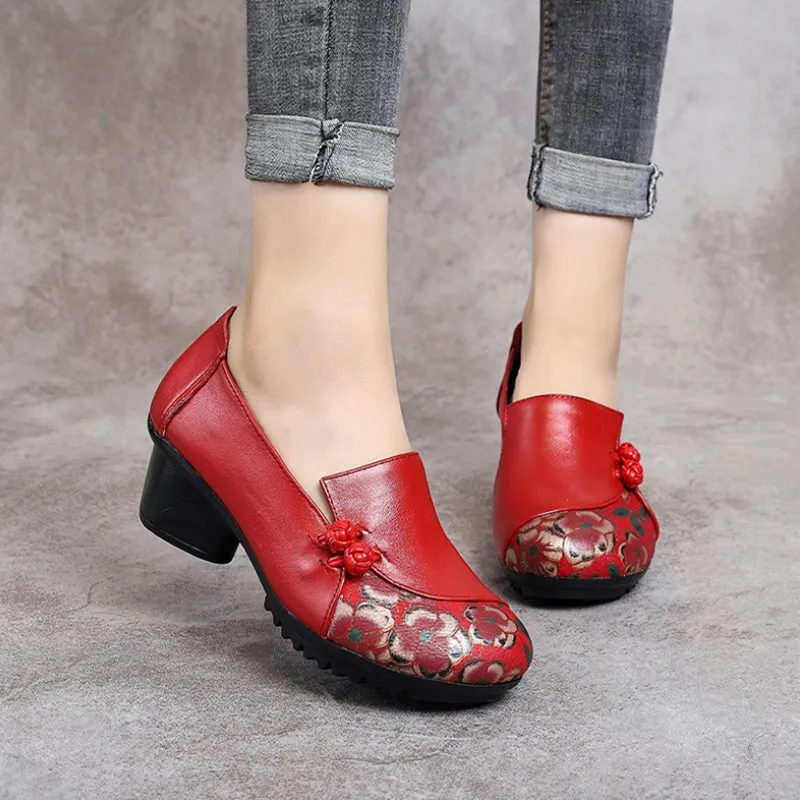 

2019 hot sale national wind mother shoes fashion retro cow leather Women's mid heel autumn new real leather ladies single shoes