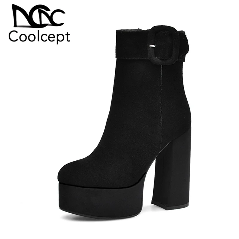 CoolCept Ankle Boots Women Real Leather Platform Shoes Casual Winter Warm Metal Buckle Zipper High Heel Size 34-43 | Обувь