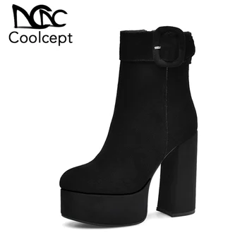 

CoolCept Ankle Boots Women Real Leather Platform Shoes Women Casual Winter Warm Metal Buckle Zipper High Heel Boots Size 34-43