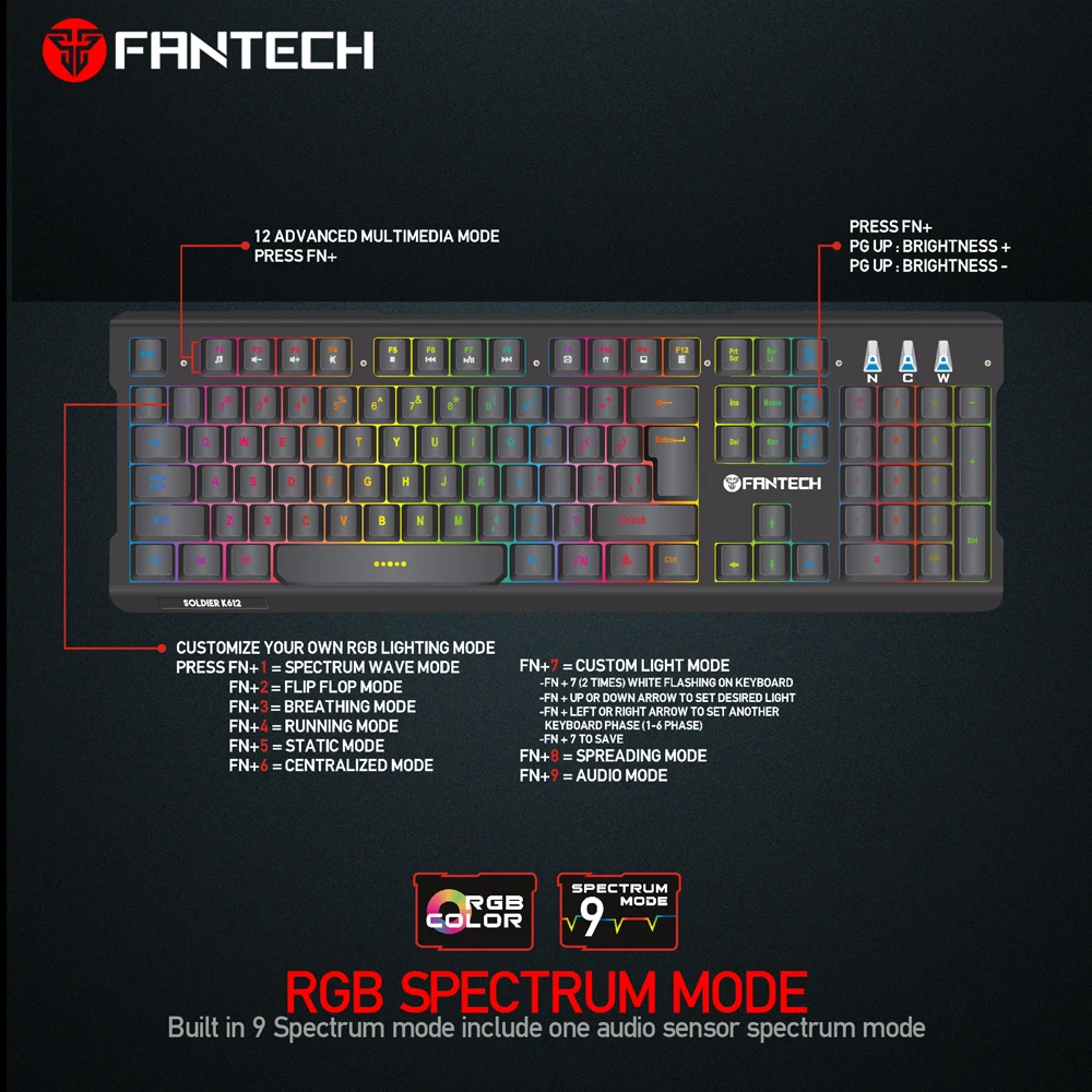 Игровая клавиатура FANTECH K612 с металлической панелью проводная USB подсветкой 19